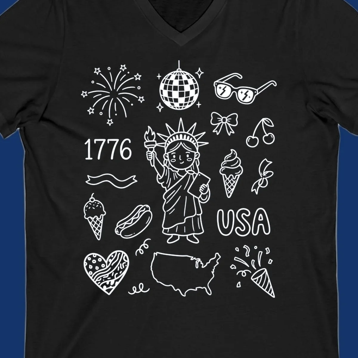 A collection of patriotic doodle icons including the Statue of Liberty, fireworks, USA map, and '1776' text, representing patriotic doodle icons.