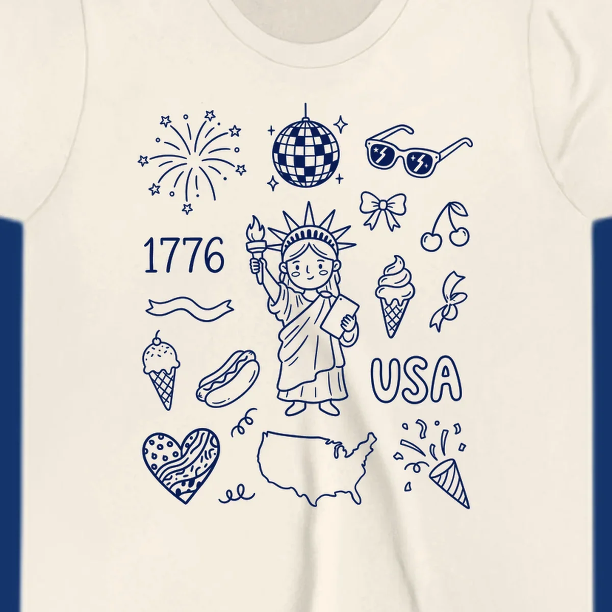 A collection of patriotic doodle icons including the Statue of Liberty, fireworks, USA map, and '1776' text, representing patriotic doodle icons.