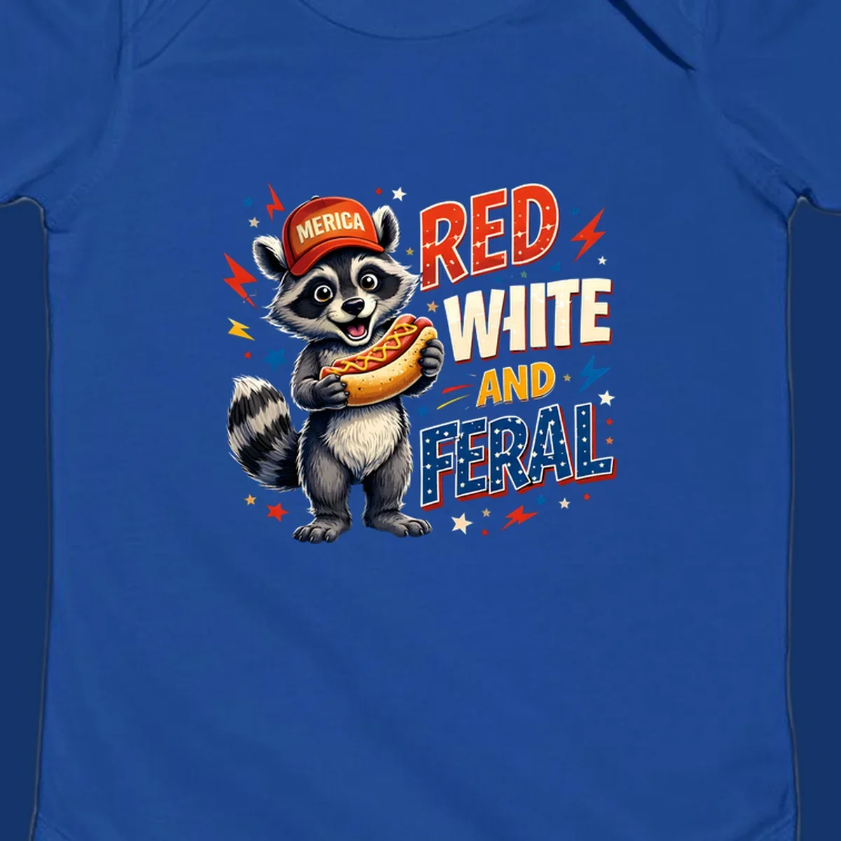 A happy raccoon in a 'MERICA' hat holds a hot dog, with 'RED WHITE AND FERAL' text, stars, and lightning bolts. Features a raccoon-merica-feral-hotdog theme.