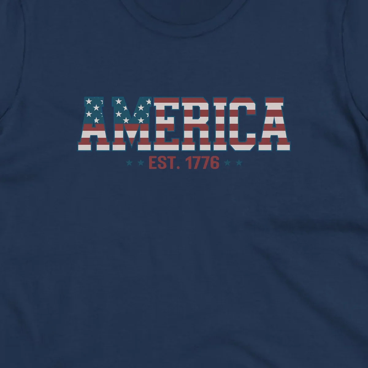 The word AMERICA in block letters, filled with an American flag pattern, above the text EST. 1776 with stars. Concept: america-est-1776-flag.