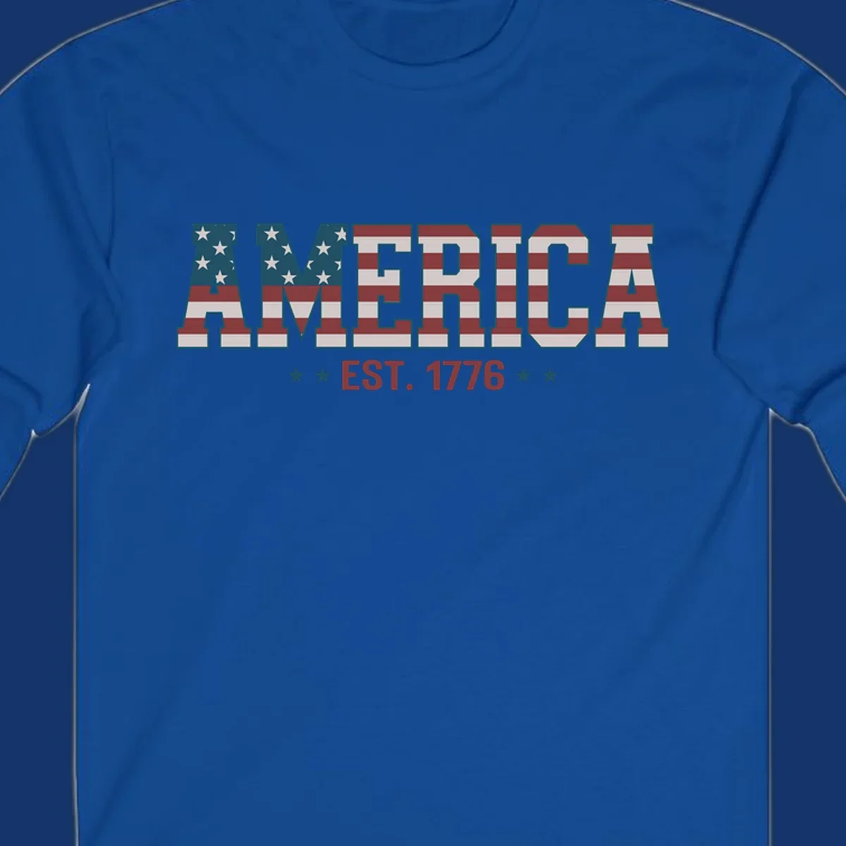 The word AMERICA in block letters, filled with an American flag pattern, above the text EST. 1776 with stars. Concept: america-est-1776-flag.
