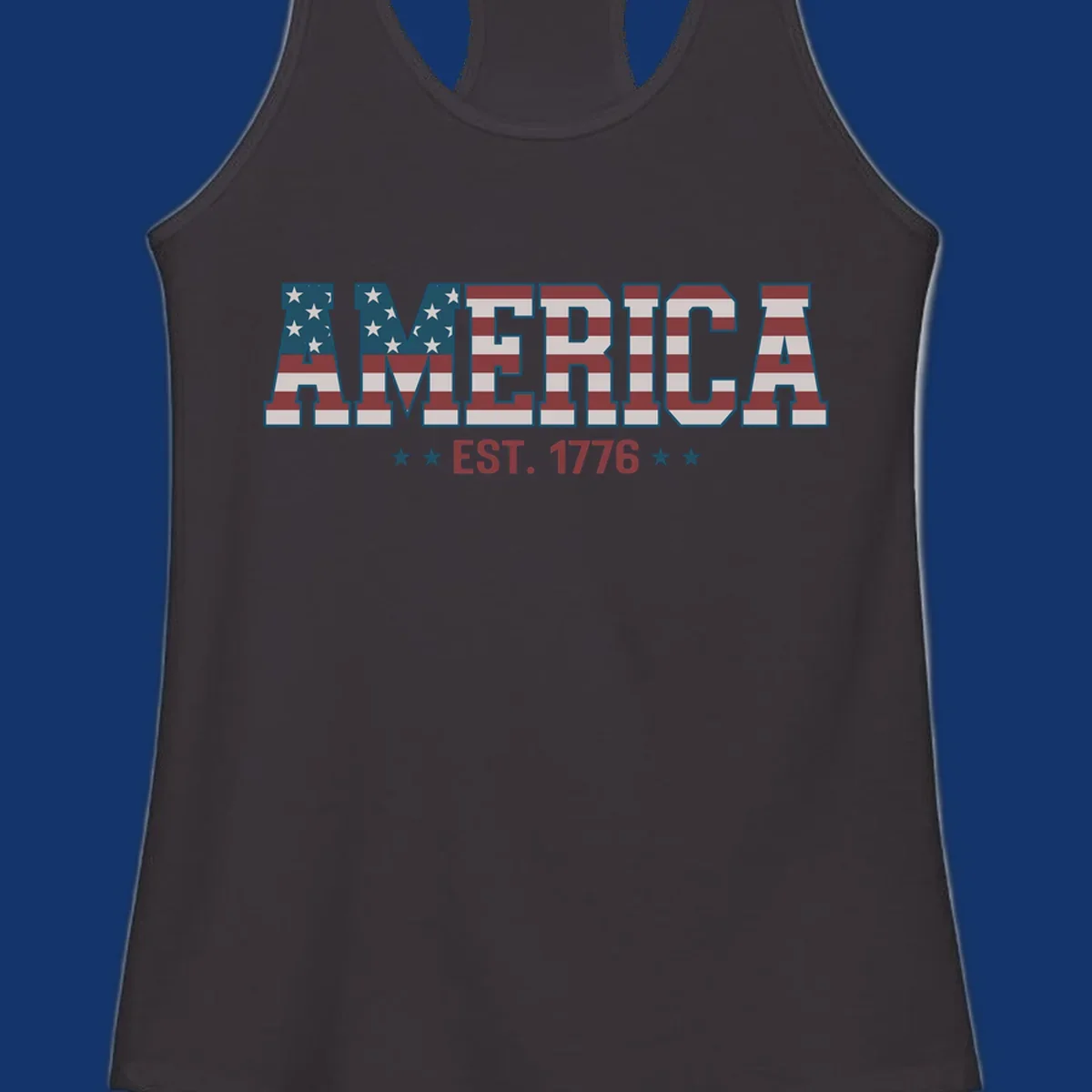 The word AMERICA in block letters, filled with an American flag pattern, above the text EST. 1776 with stars. Concept: america-est-1776-flag.