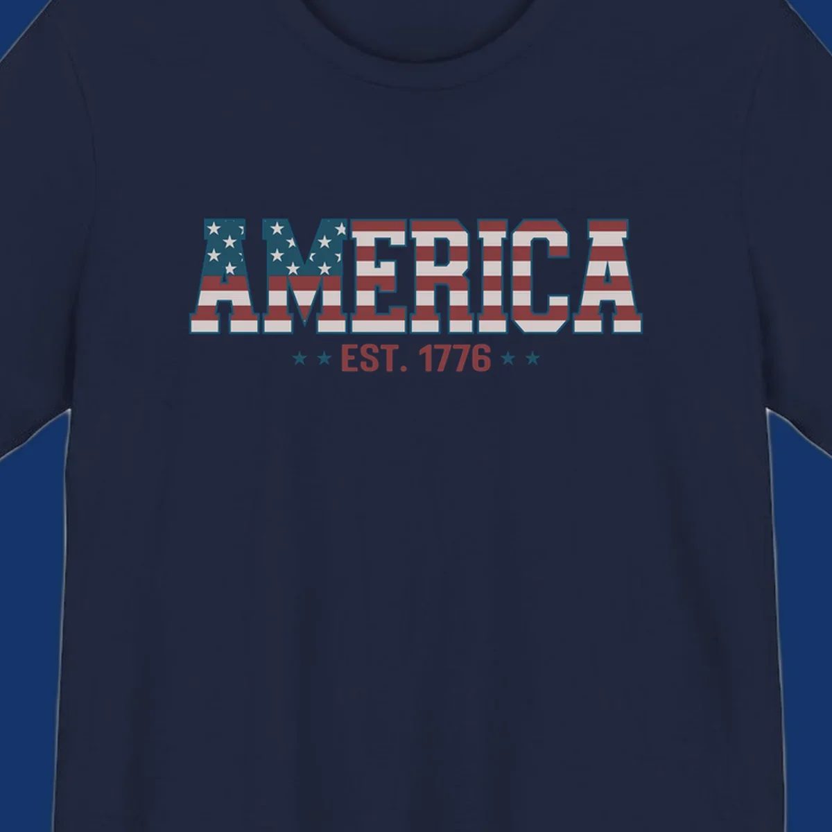The word AMERICA in block letters, filled with an American flag pattern, above the text EST. 1776 with stars. Concept: america-est-1776-flag.