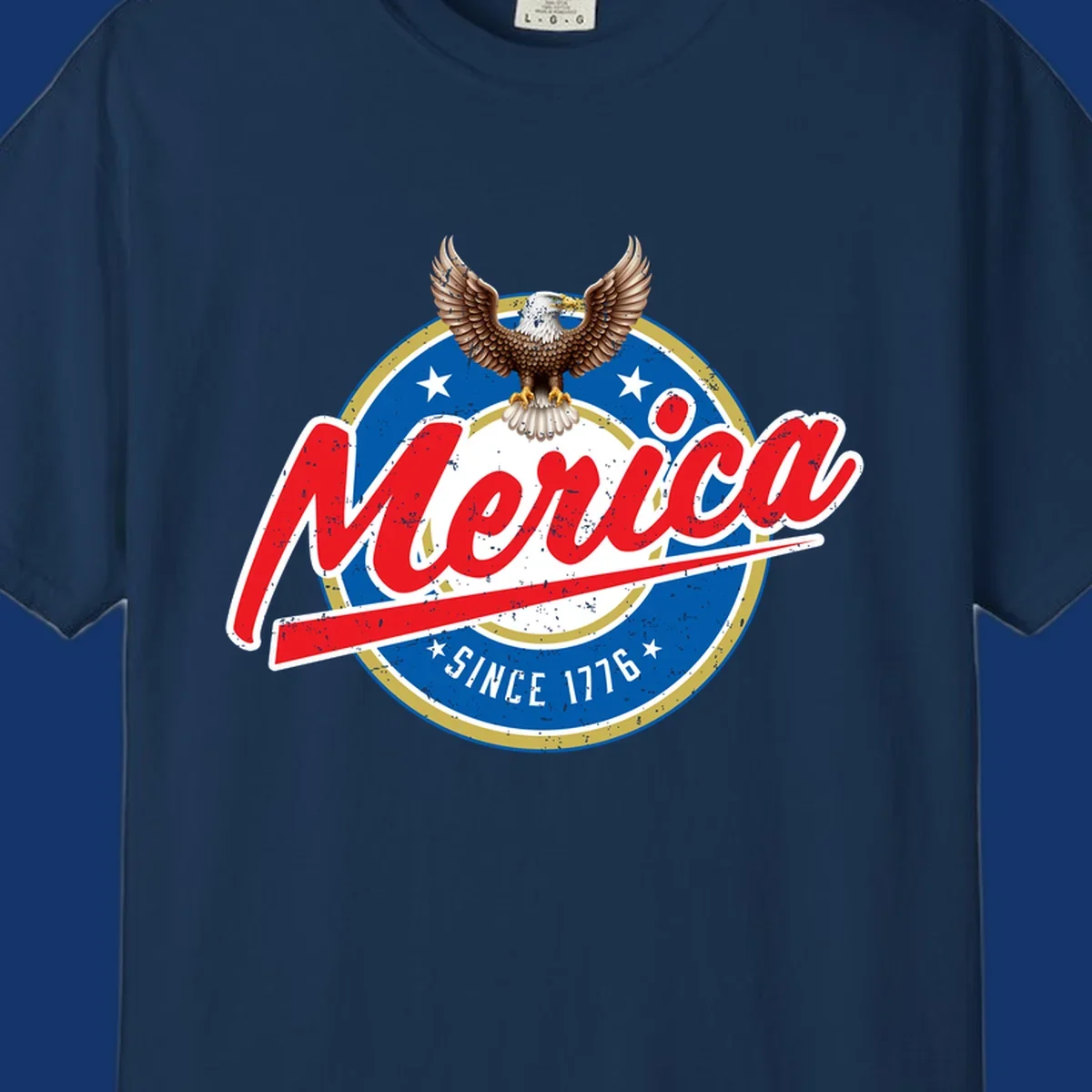 A patriotic merica-since-1776-eagle badge design with a bald eagle, stars, and distressed red and blue text.