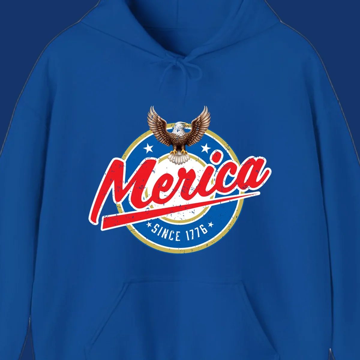 A patriotic merica-since-1776-eagle badge design with a bald eagle, stars, and distressed red and blue text.