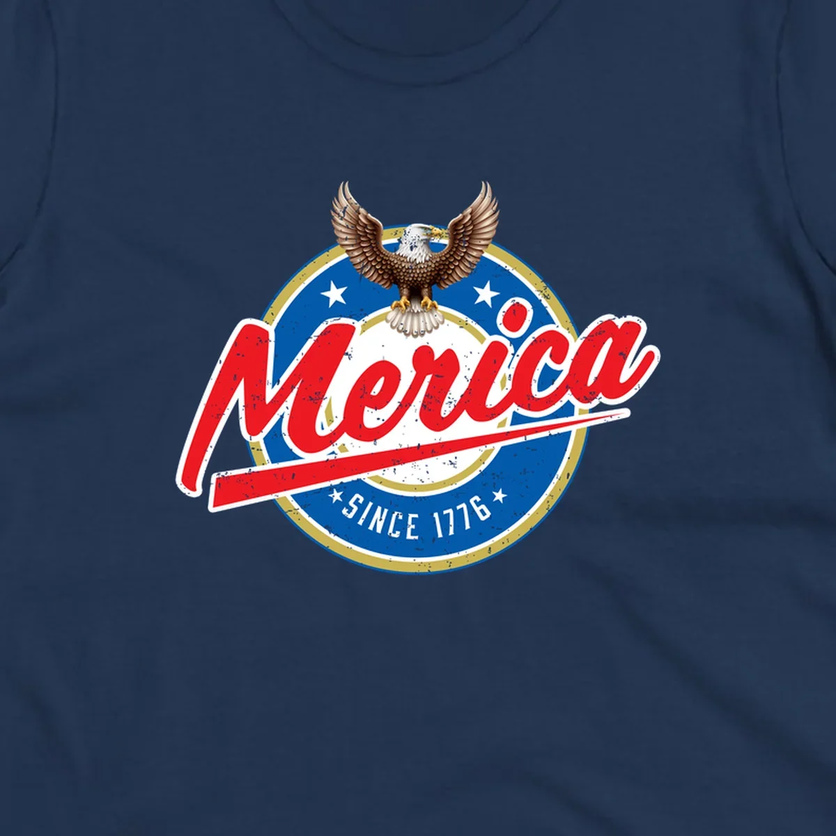 A patriotic merica-since-1776-eagle badge design with a bald eagle, stars, and distressed red and blue text.