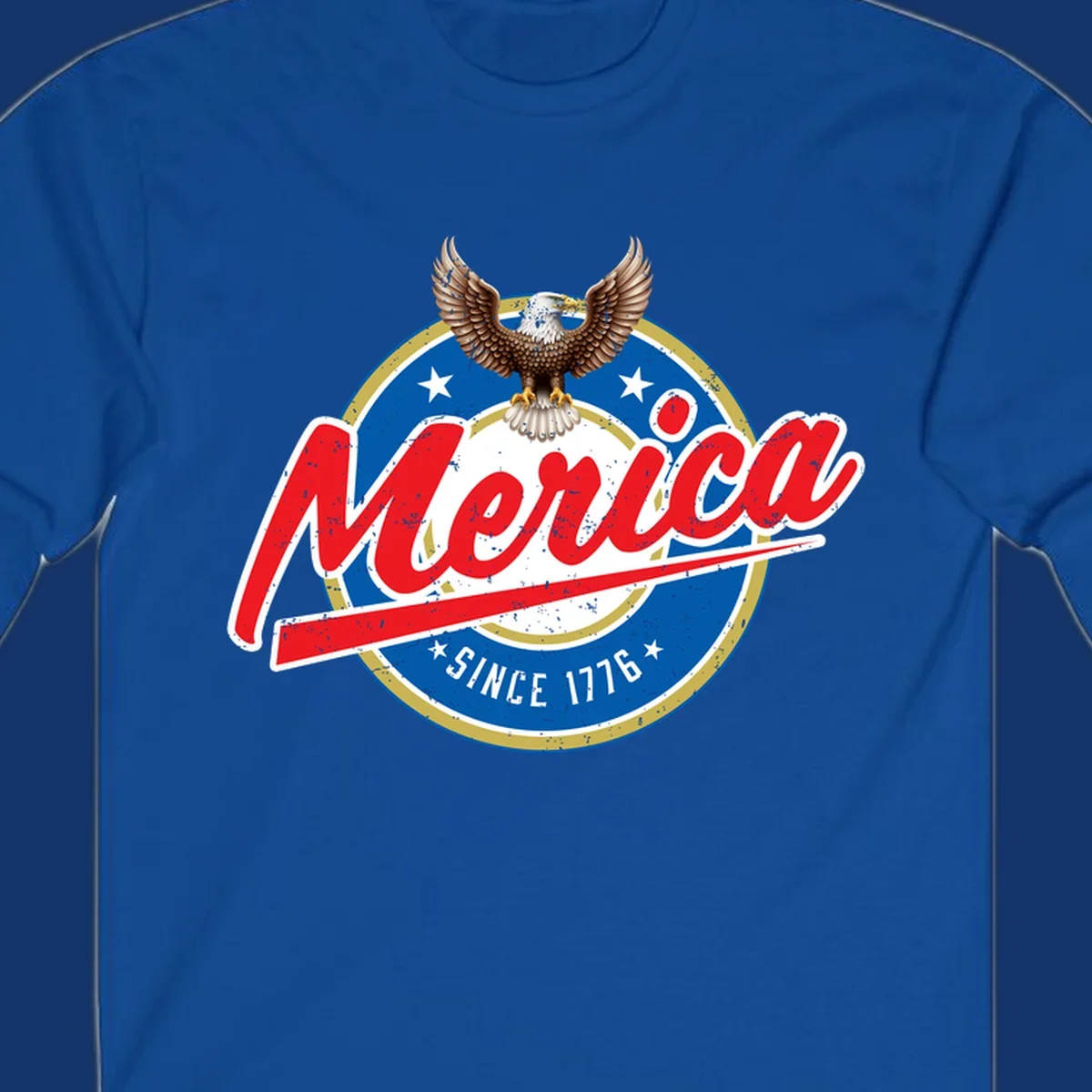 A patriotic merica-since-1776-eagle badge design with a bald eagle, stars, and distressed red and blue text.