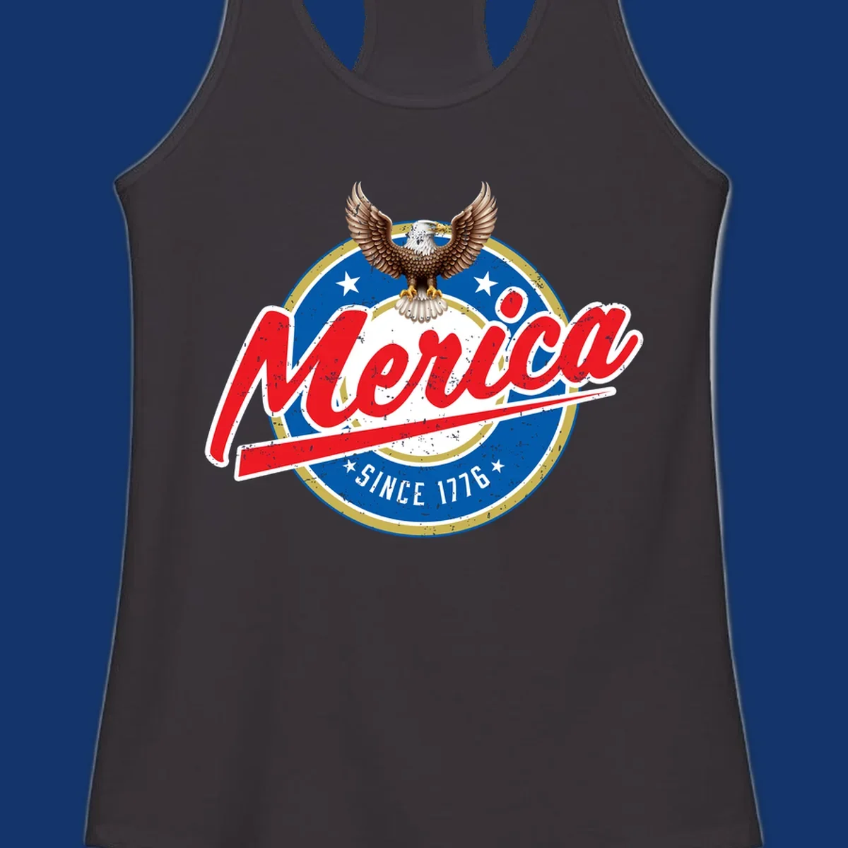A patriotic merica-since-1776-eagle badge design with a bald eagle, stars, and distressed red and blue text.