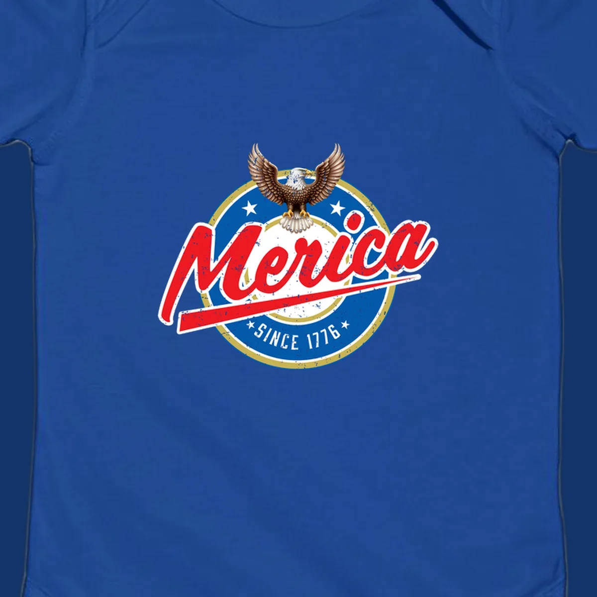 A patriotic merica-since-1776-eagle badge design with a bald eagle, stars, and distressed red and blue text.