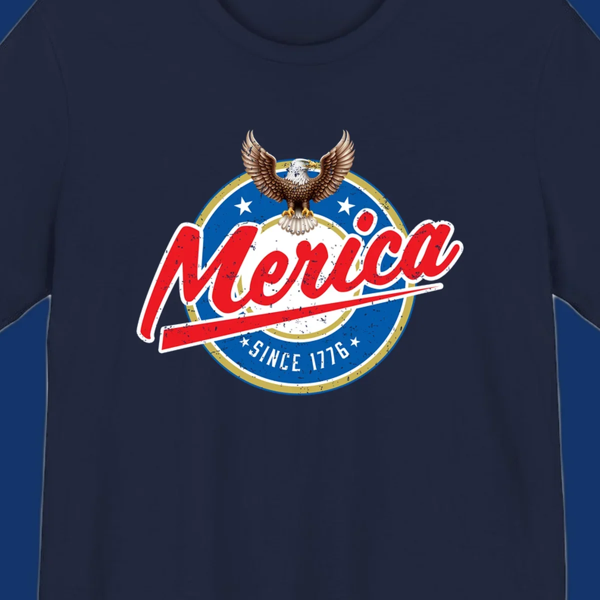 A patriotic merica-since-1776-eagle badge design with a bald eagle, stars, and distressed red and blue text.