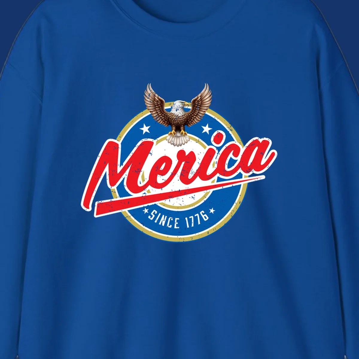 A patriotic merica-since-1776-eagle badge design with a bald eagle, stars, and distressed red and blue text.