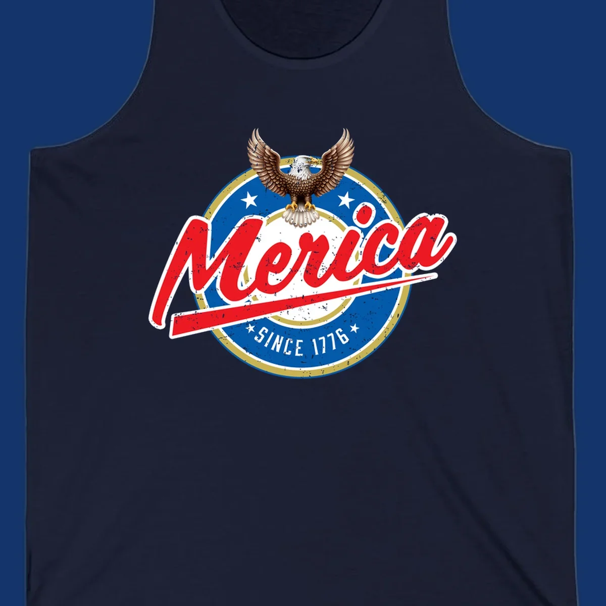 A patriotic merica-since-1776-eagle badge design with a bald eagle, stars, and distressed red and blue text.