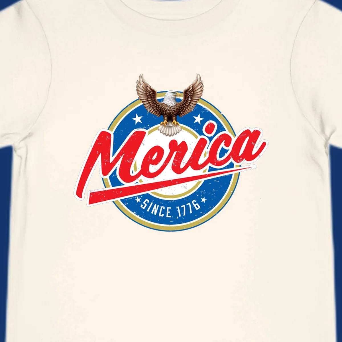 A patriotic merica-since-1776-eagle badge design with a bald eagle, stars, and distressed red and blue text.