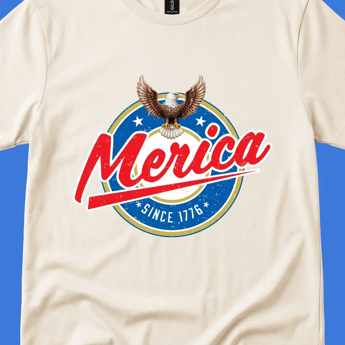 A patriotic merica-since-1776-eagle badge design with a bald eagle, stars, and distressed red and blue text.