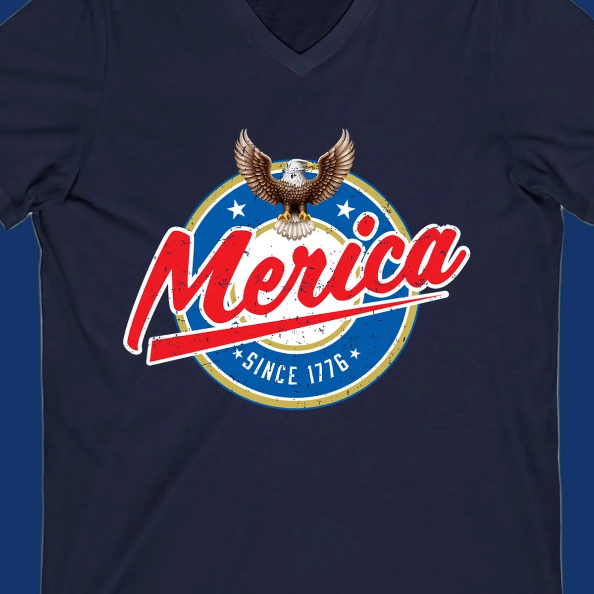A patriotic merica-since-1776-eagle badge design with a bald eagle, stars, and distressed red and blue text.
