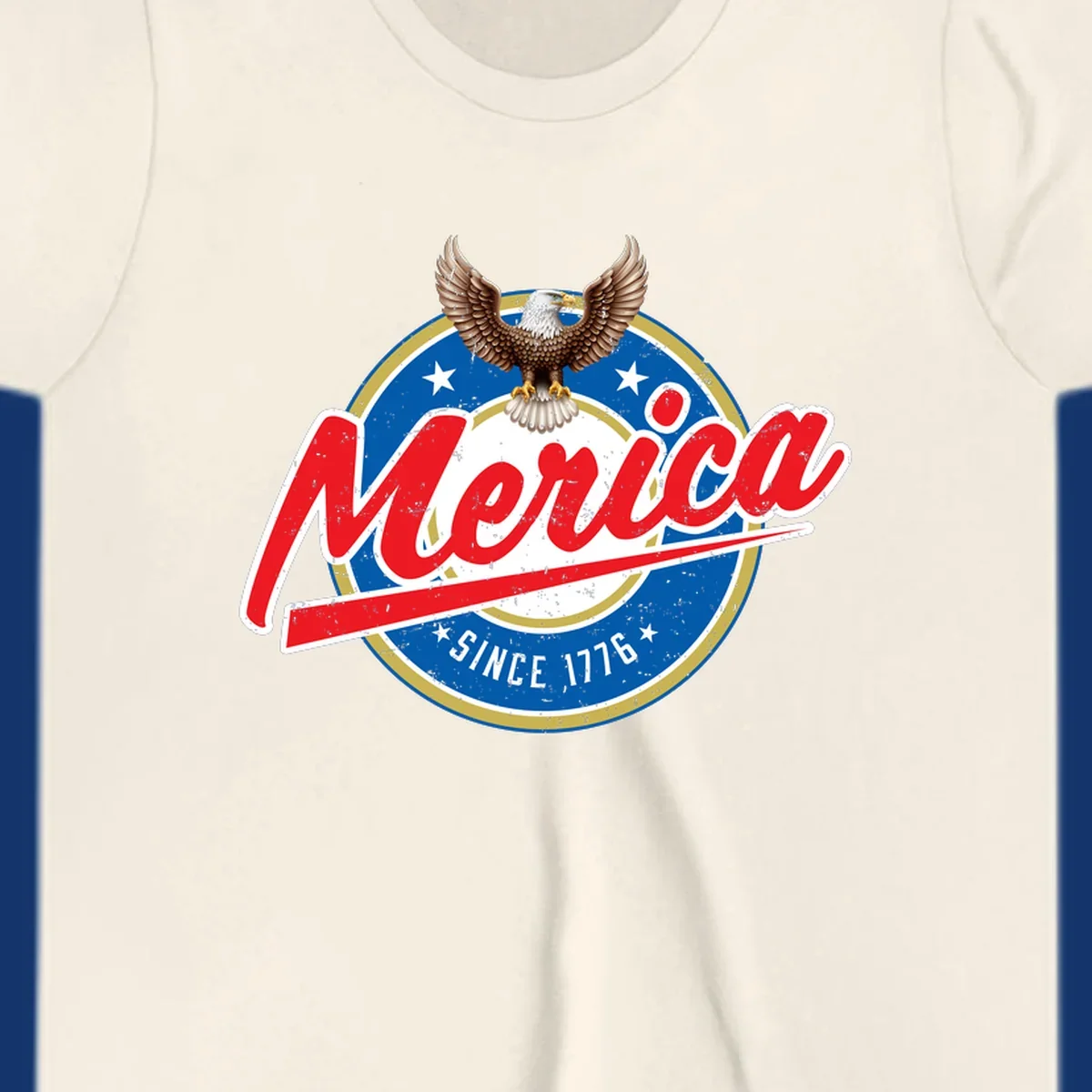 A patriotic merica-since-1776-eagle badge design with a bald eagle, stars, and distressed red and blue text.