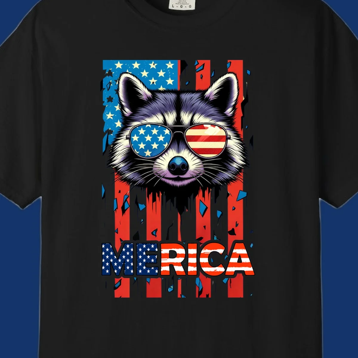 A patriotic raccoon wearing sunglasses with the American flag reflected in the lenses, and the word MERICA below, perfect for a raccoon-merica-sunglasses design.