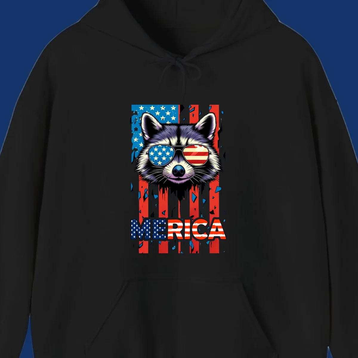 A patriotic raccoon wearing sunglasses with the American flag reflected in the lenses, and the word MERICA below, perfect for a raccoon-merica-sunglasses design.