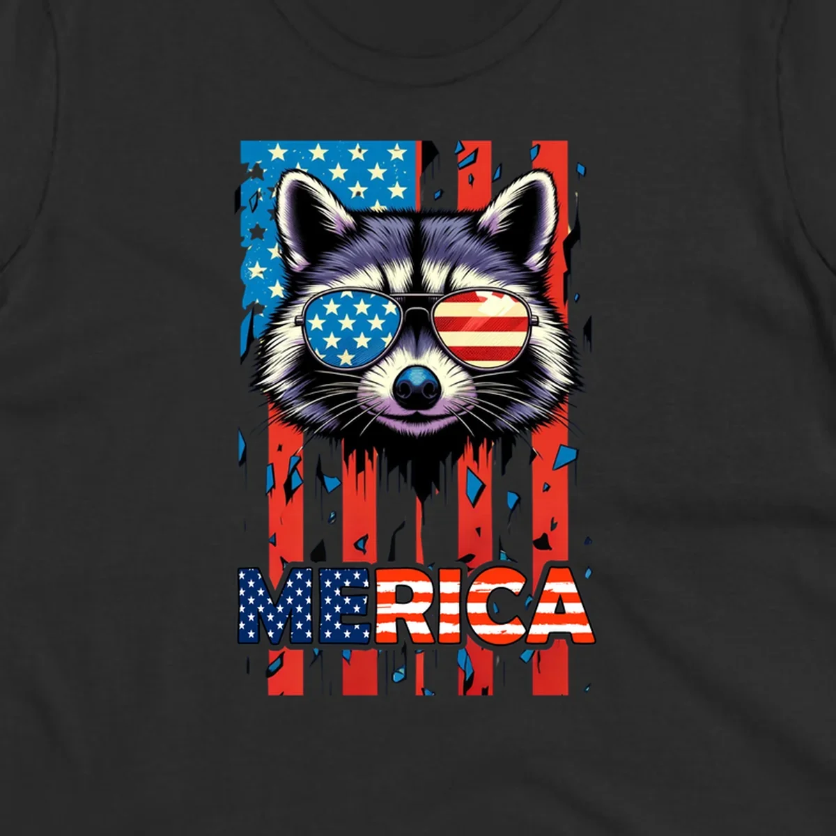 A patriotic raccoon wearing sunglasses with the American flag reflected in the lenses, and the word MERICA below, perfect for a raccoon-merica-sunglasses design.