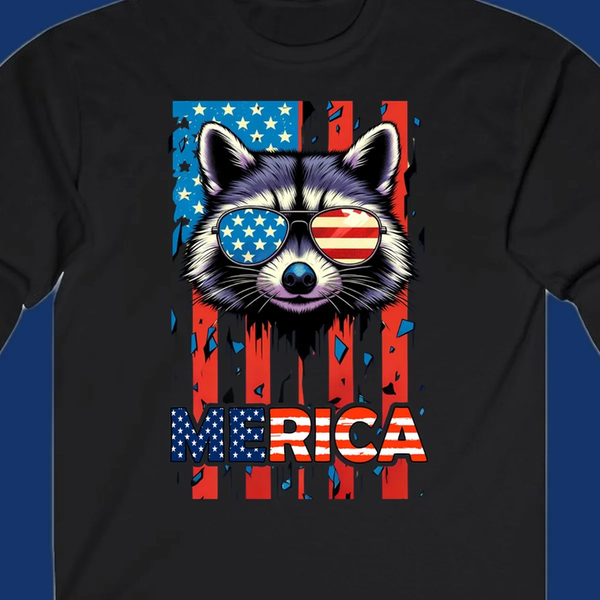 A patriotic raccoon wearing sunglasses with the American flag reflected in the lenses, and the word MERICA below, perfect for a raccoon-merica-sunglasses design.