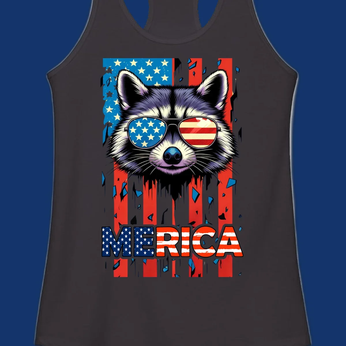 A patriotic raccoon wearing sunglasses with the American flag reflected in the lenses, and the word MERICA below, perfect for a raccoon-merica-sunglasses design.