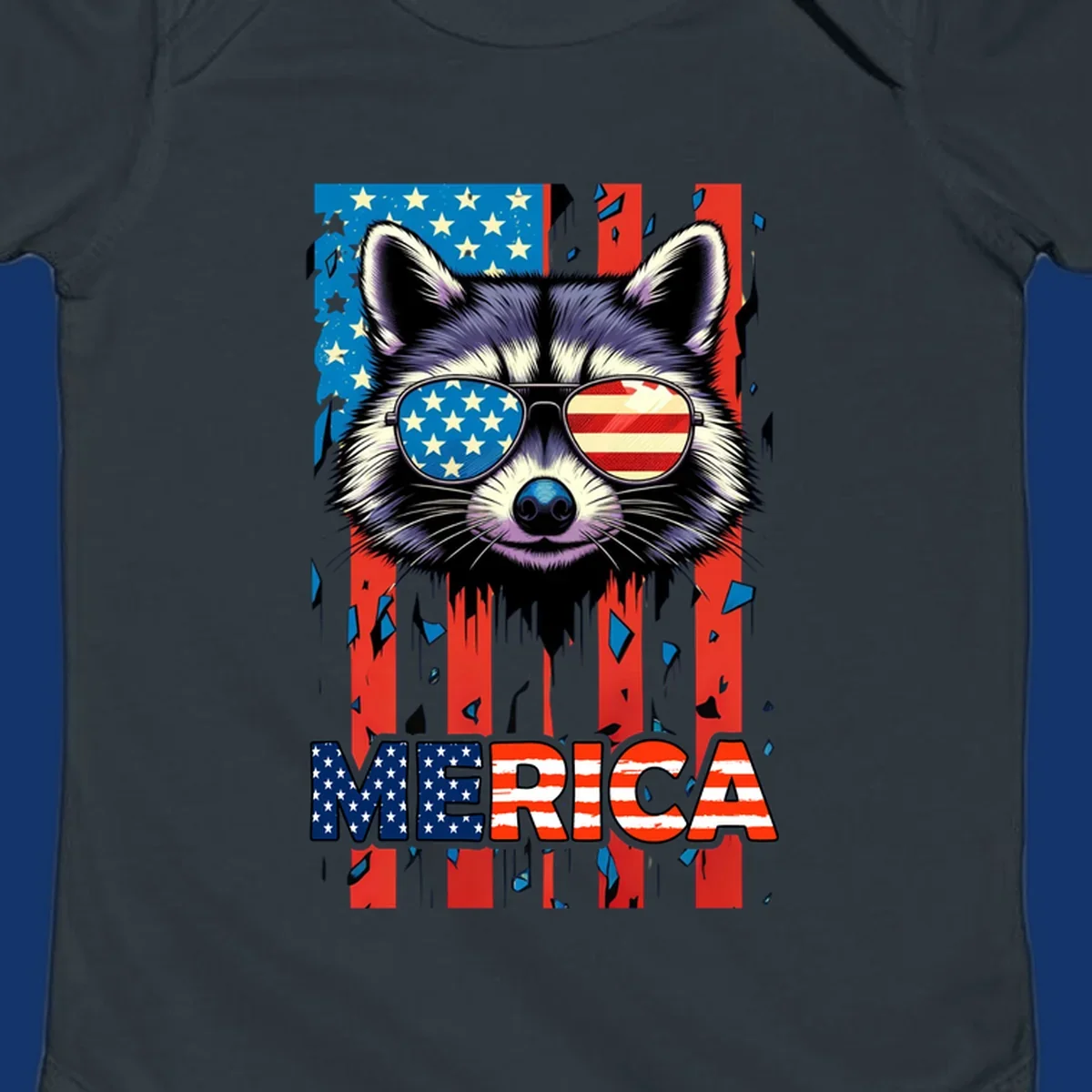 A patriotic raccoon wearing sunglasses with the American flag reflected in the lenses, and the word MERICA below, perfect for a raccoon-merica-sunglasses design.