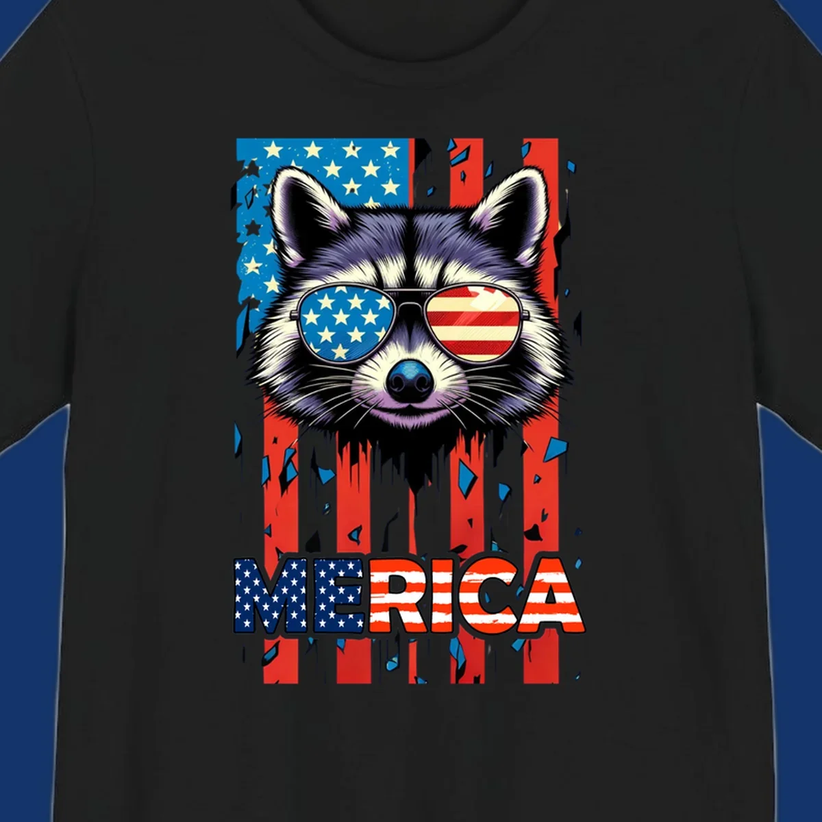 A patriotic raccoon wearing sunglasses with the American flag reflected in the lenses, and the word MERICA below, perfect for a raccoon-merica-sunglasses design.