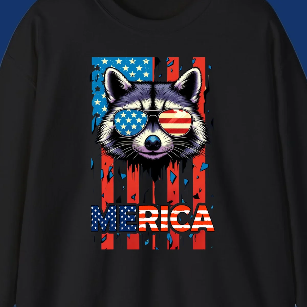 A patriotic raccoon wearing sunglasses with the American flag reflected in the lenses, and the word MERICA below, perfect for a raccoon-merica-sunglasses design.