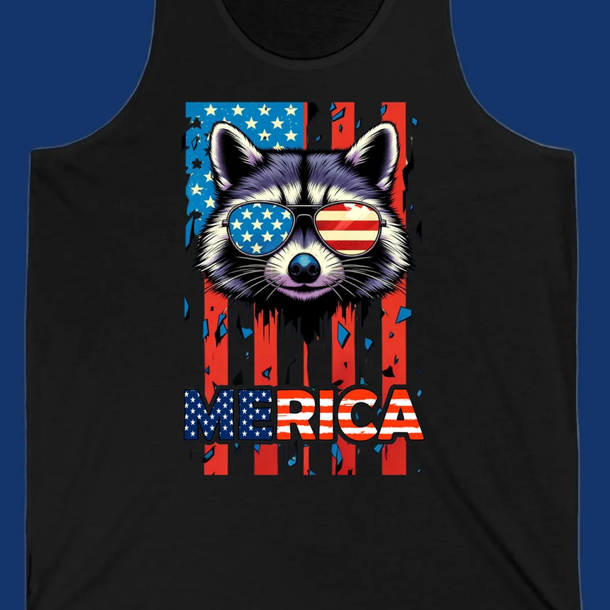 A patriotic raccoon wearing sunglasses with the American flag reflected in the lenses, and the word MERICA below, perfect for a raccoon-merica-sunglasses design.
