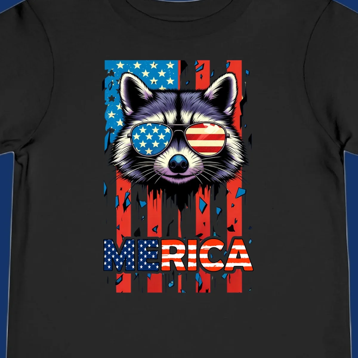 A patriotic raccoon wearing sunglasses with the American flag reflected in the lenses, and the word MERICA below, perfect for a raccoon-merica-sunglasses design.