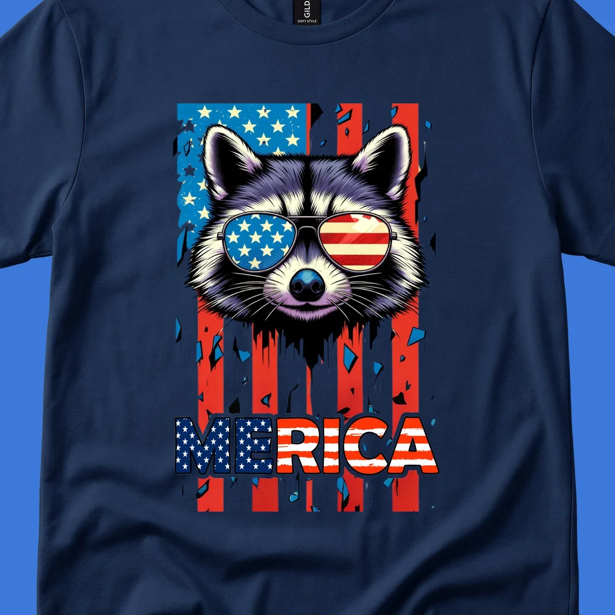 A patriotic raccoon wearing sunglasses with the American flag reflected in the lenses, and the word MERICA below, perfect for a raccoon-merica-sunglasses design.
