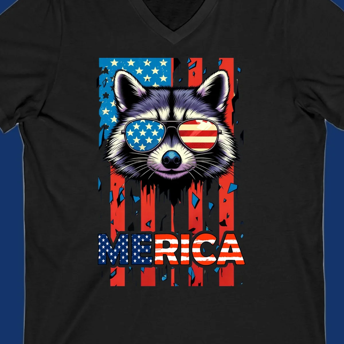 A patriotic raccoon wearing sunglasses with the American flag reflected in the lenses, and the word MERICA below, perfect for a raccoon-merica-sunglasses design.