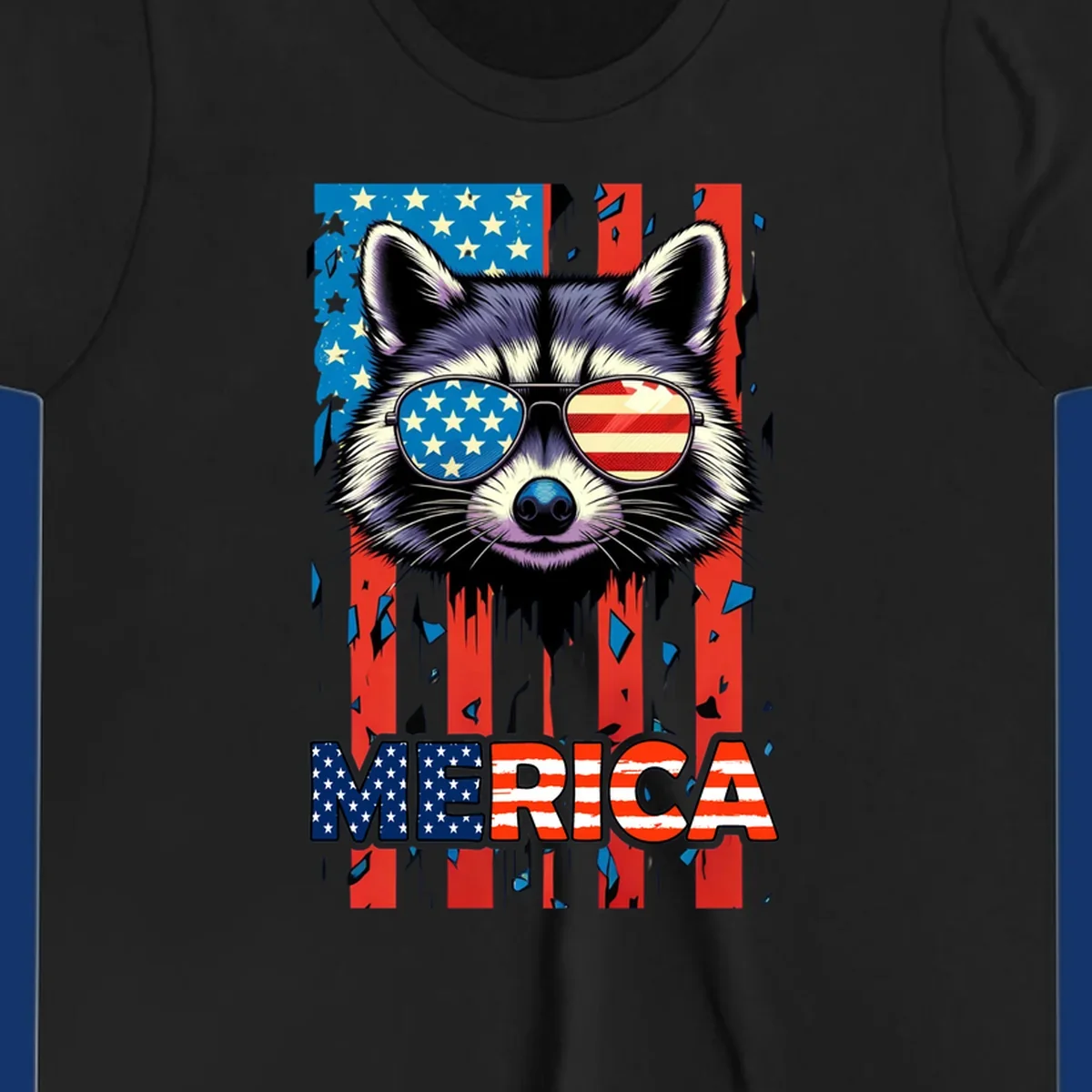 A patriotic raccoon wearing sunglasses with the American flag reflected in the lenses, and the word MERICA below, perfect for a raccoon-merica-sunglasses design.