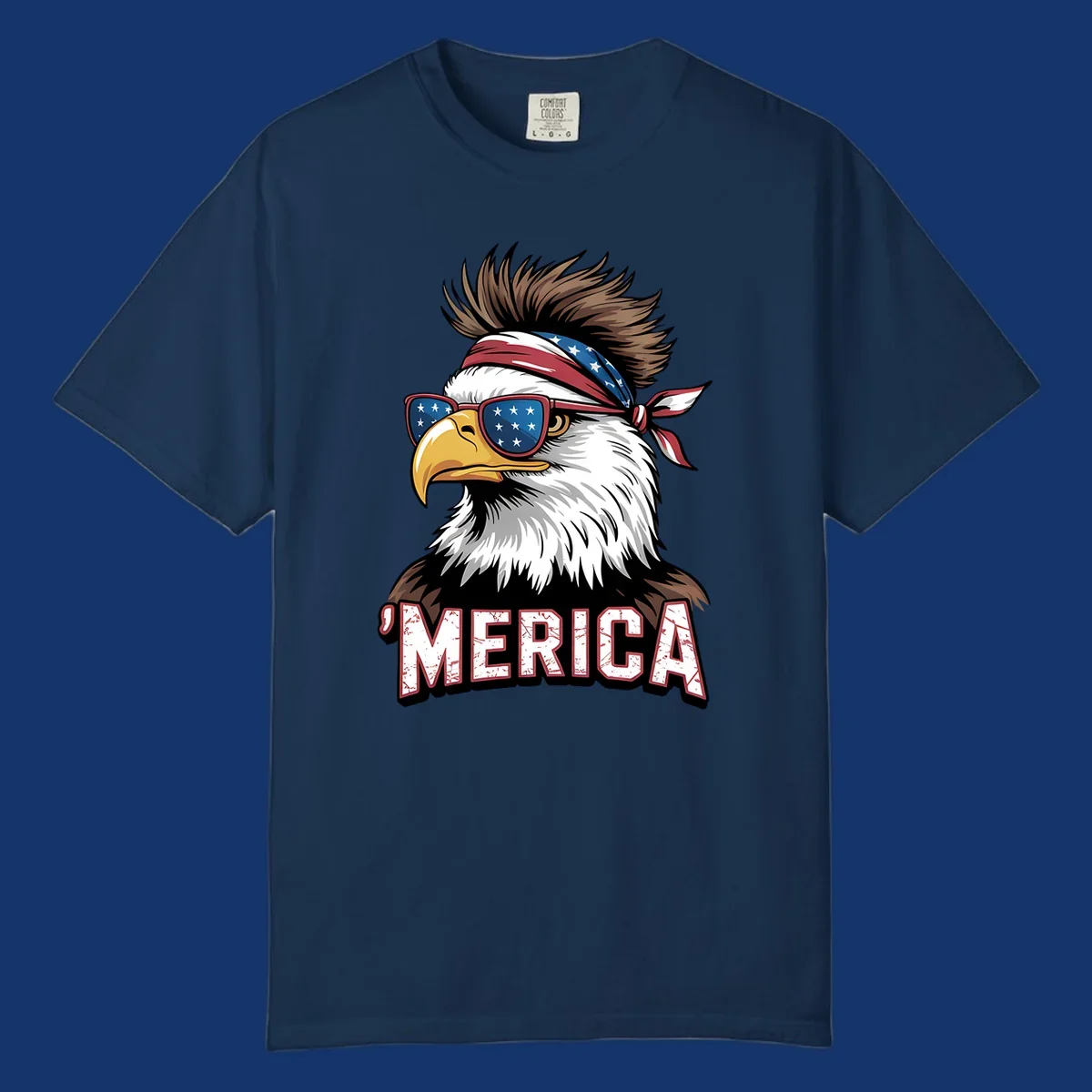 Illustration of a patriotic merica bald eagle wearing star-spangled sunglasses and a red, white, and blue bandana.