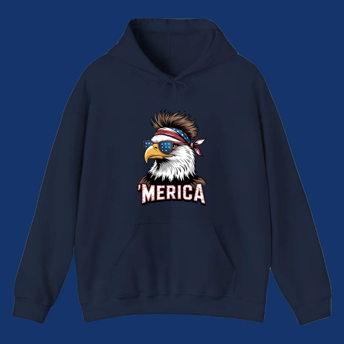 Illustration of a patriotic merica bald eagle wearing star-spangled sunglasses and a red, white, and blue bandana.