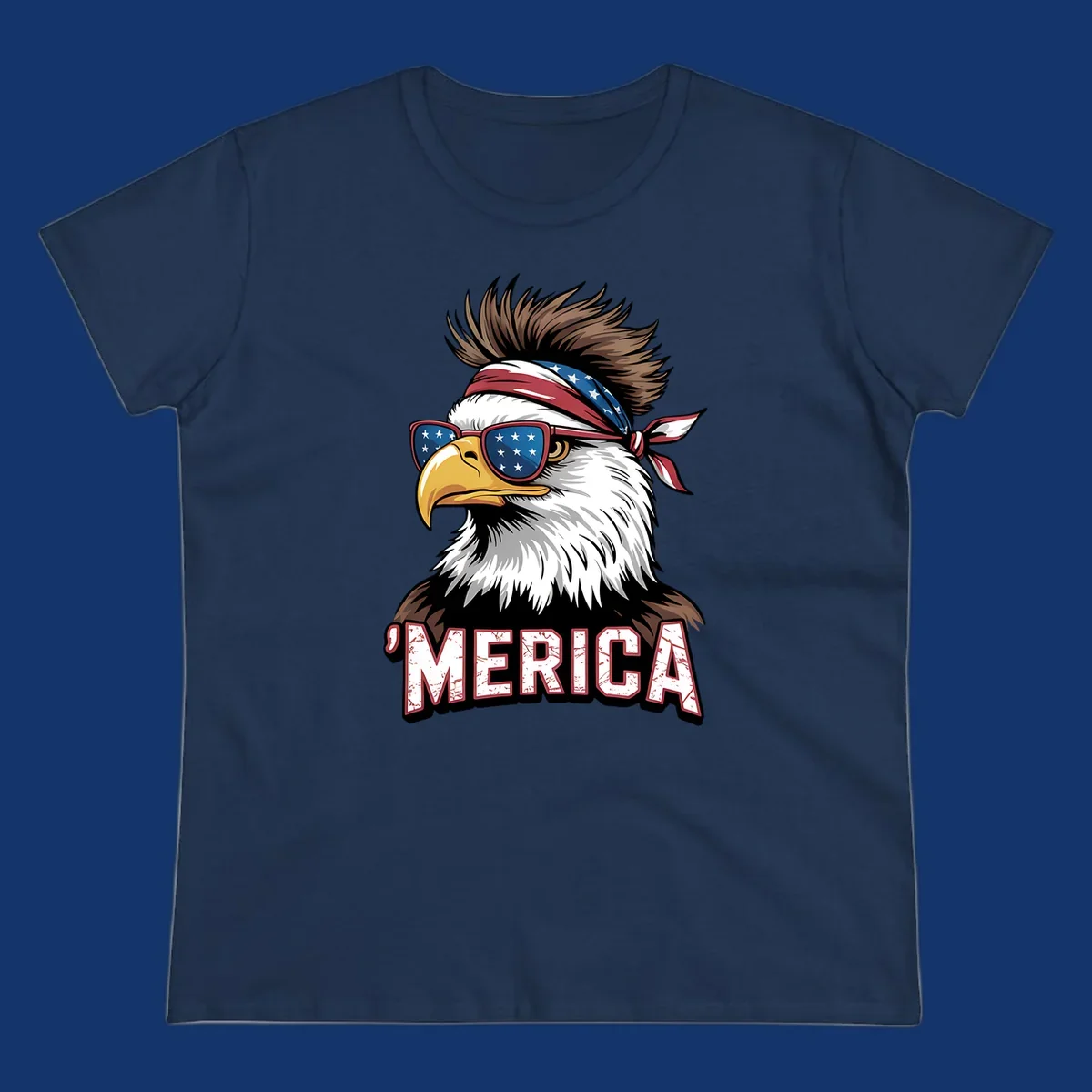 Illustration of a patriotic merica bald eagle wearing star-spangled sunglasses and a red, white, and blue bandana.