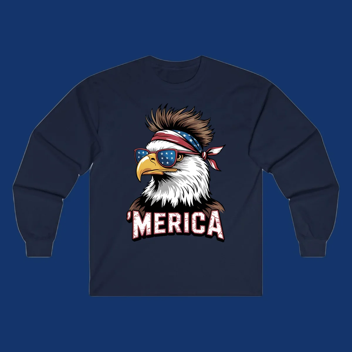 Illustration of a patriotic merica bald eagle wearing star-spangled sunglasses and a red, white, and blue bandana.