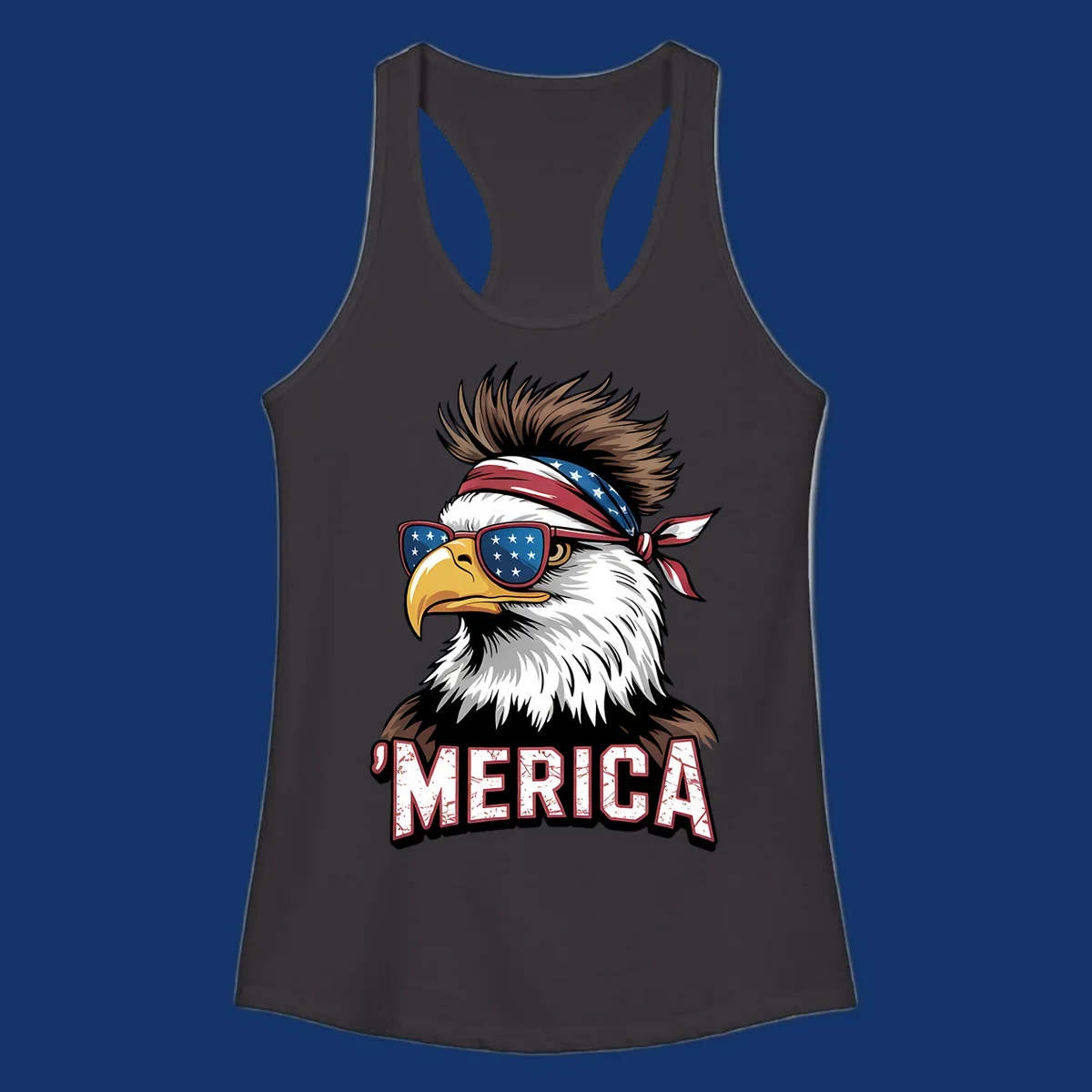 Illustration of a patriotic merica bald eagle wearing star-spangled sunglasses and a red, white, and blue bandana.