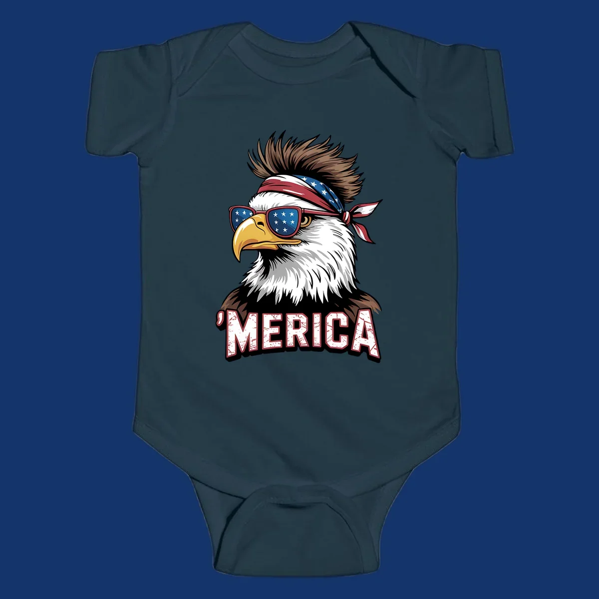 Illustration of a patriotic merica bald eagle wearing star-spangled sunglasses and a red, white, and blue bandana.