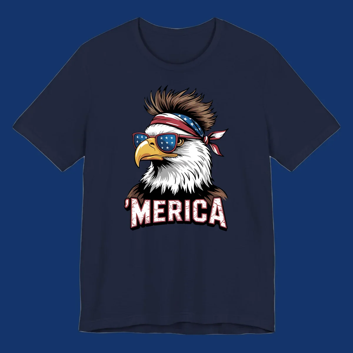 Illustration of a patriotic merica bald eagle wearing star-spangled sunglasses and a red, white, and blue bandana.