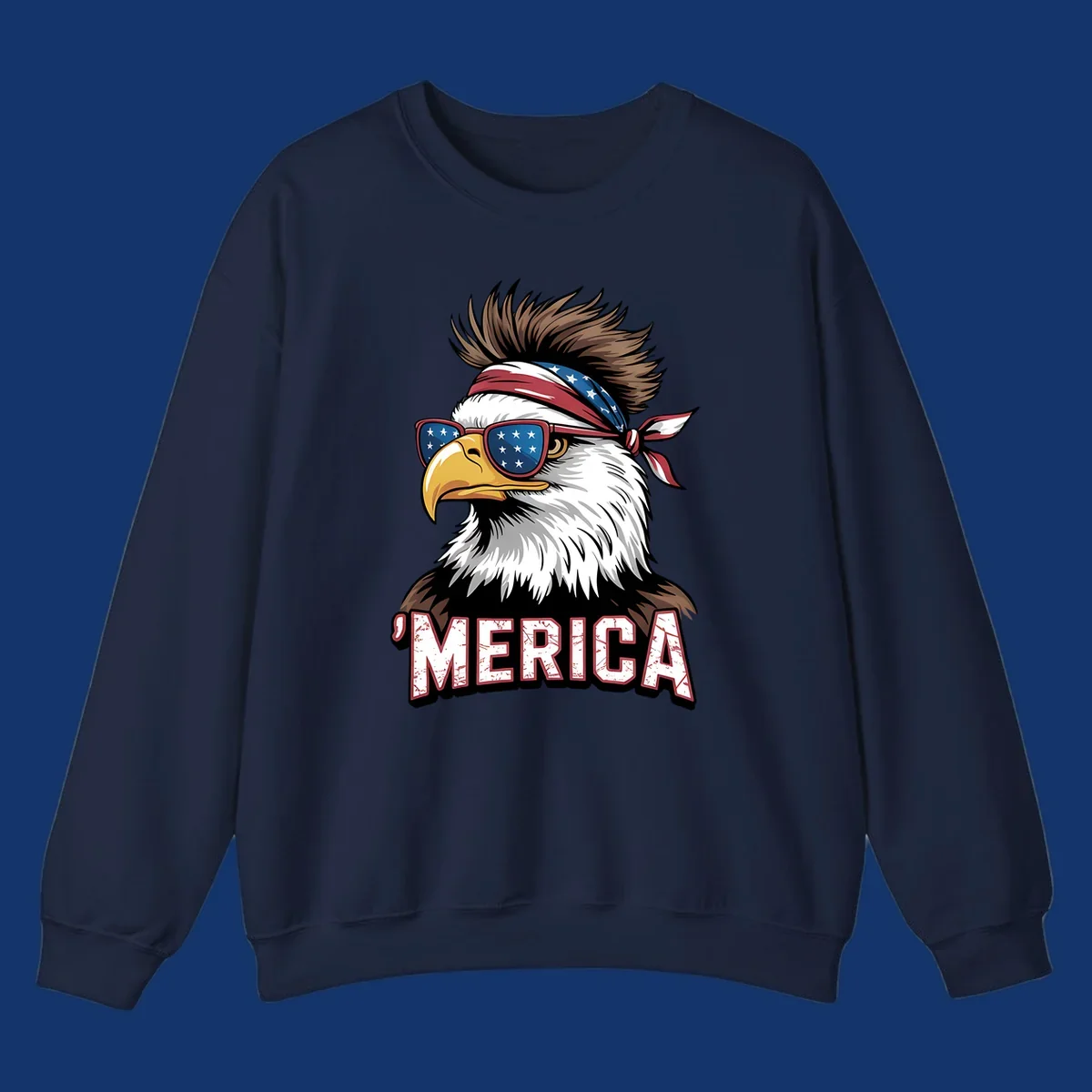 Illustration of a patriotic merica bald eagle wearing star-spangled sunglasses and a red, white, and blue bandana.