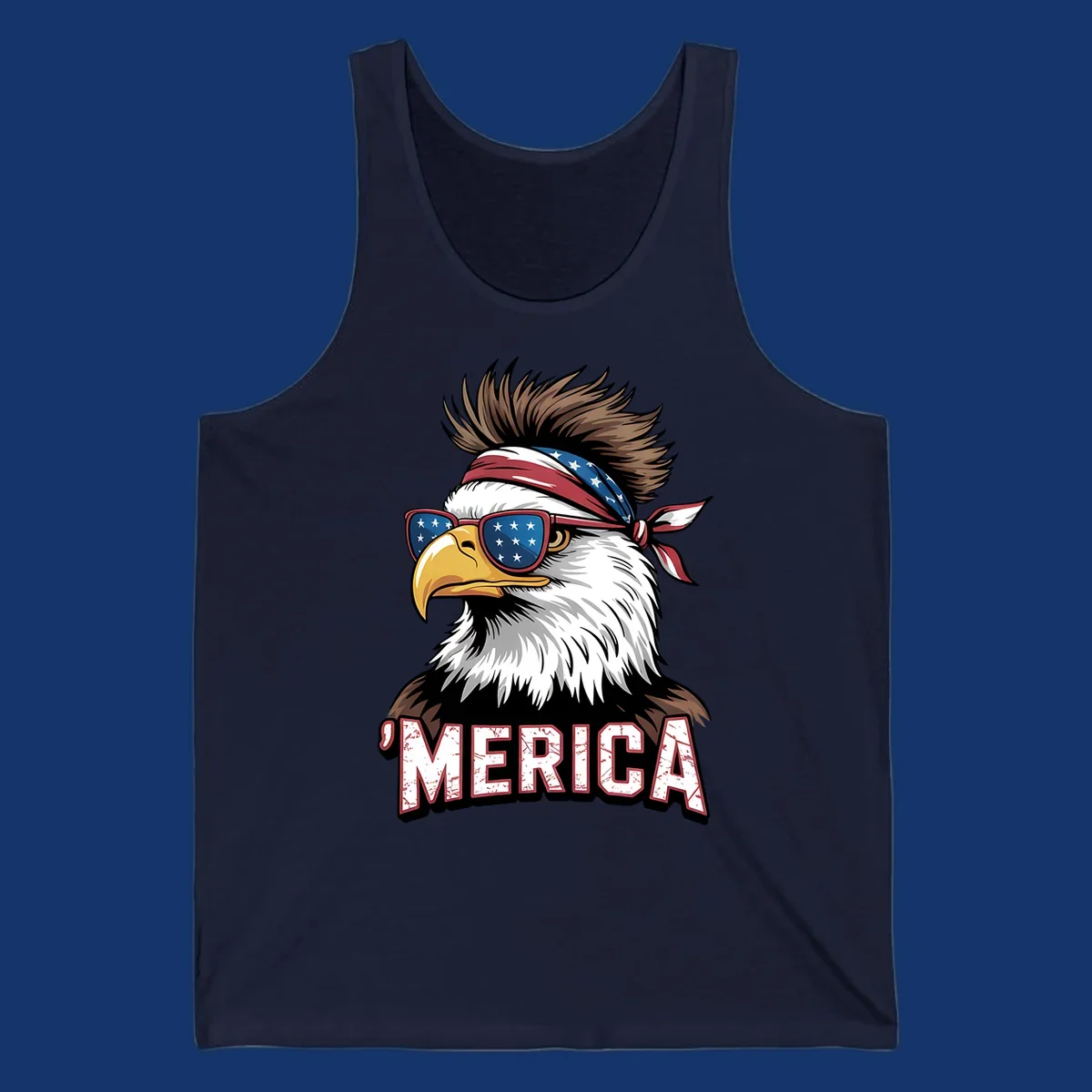 Illustration of a patriotic merica bald eagle wearing star-spangled sunglasses and a red, white, and blue bandana.