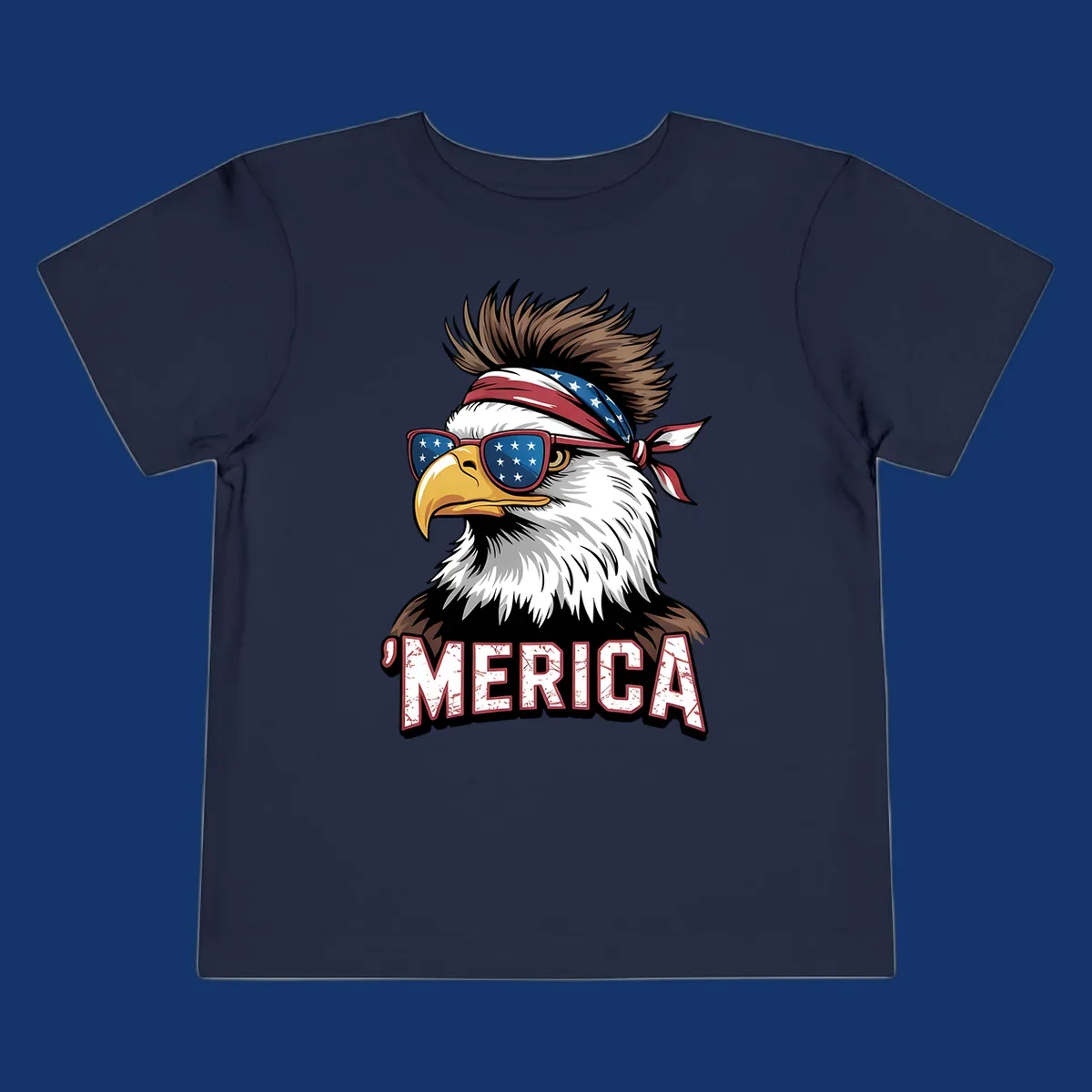 Illustration of a patriotic merica bald eagle wearing star-spangled sunglasses and a red, white, and blue bandana.