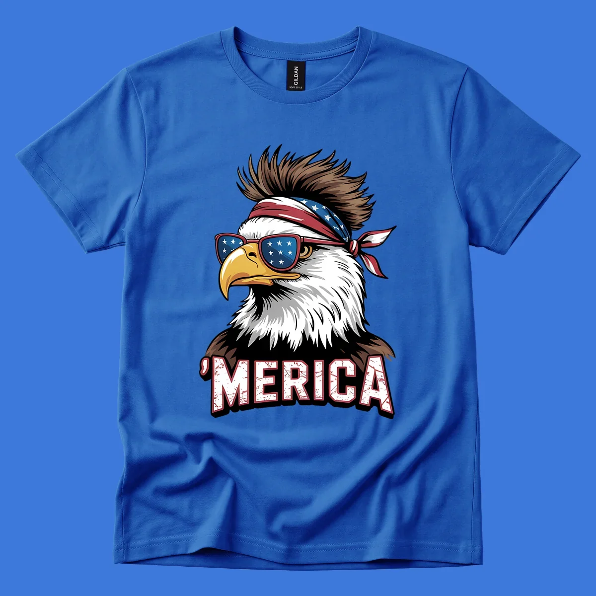 Illustration of a patriotic merica bald eagle wearing star-spangled sunglasses and a red, white, and blue bandana.