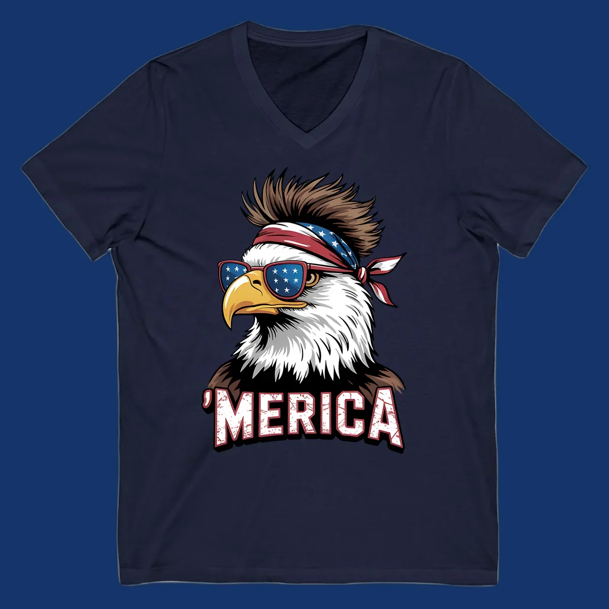 Illustration of a patriotic merica bald eagle wearing star-spangled sunglasses and a red, white, and blue bandana.