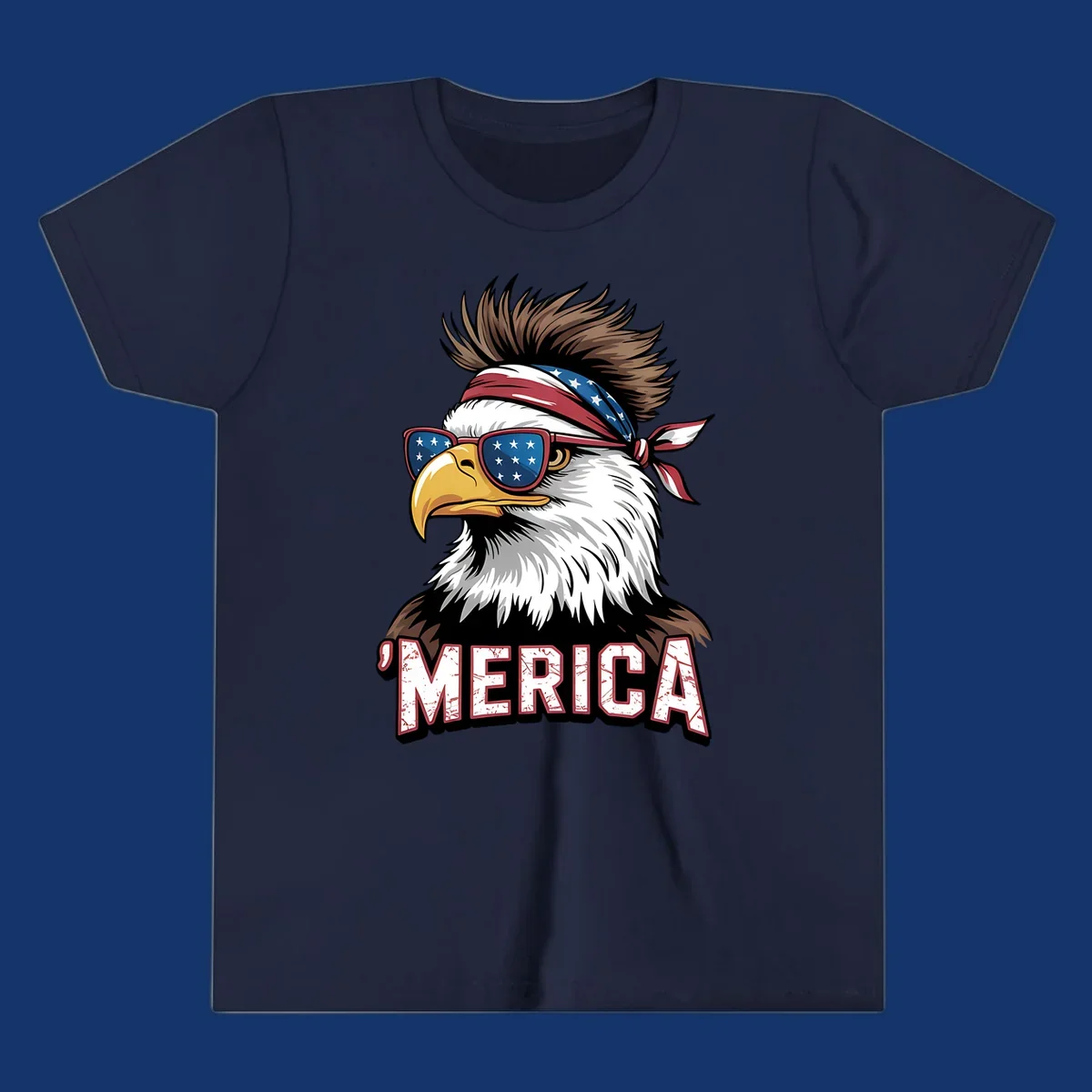 Illustration of a patriotic merica bald eagle wearing star-spangled sunglasses and a red, white, and blue bandana.