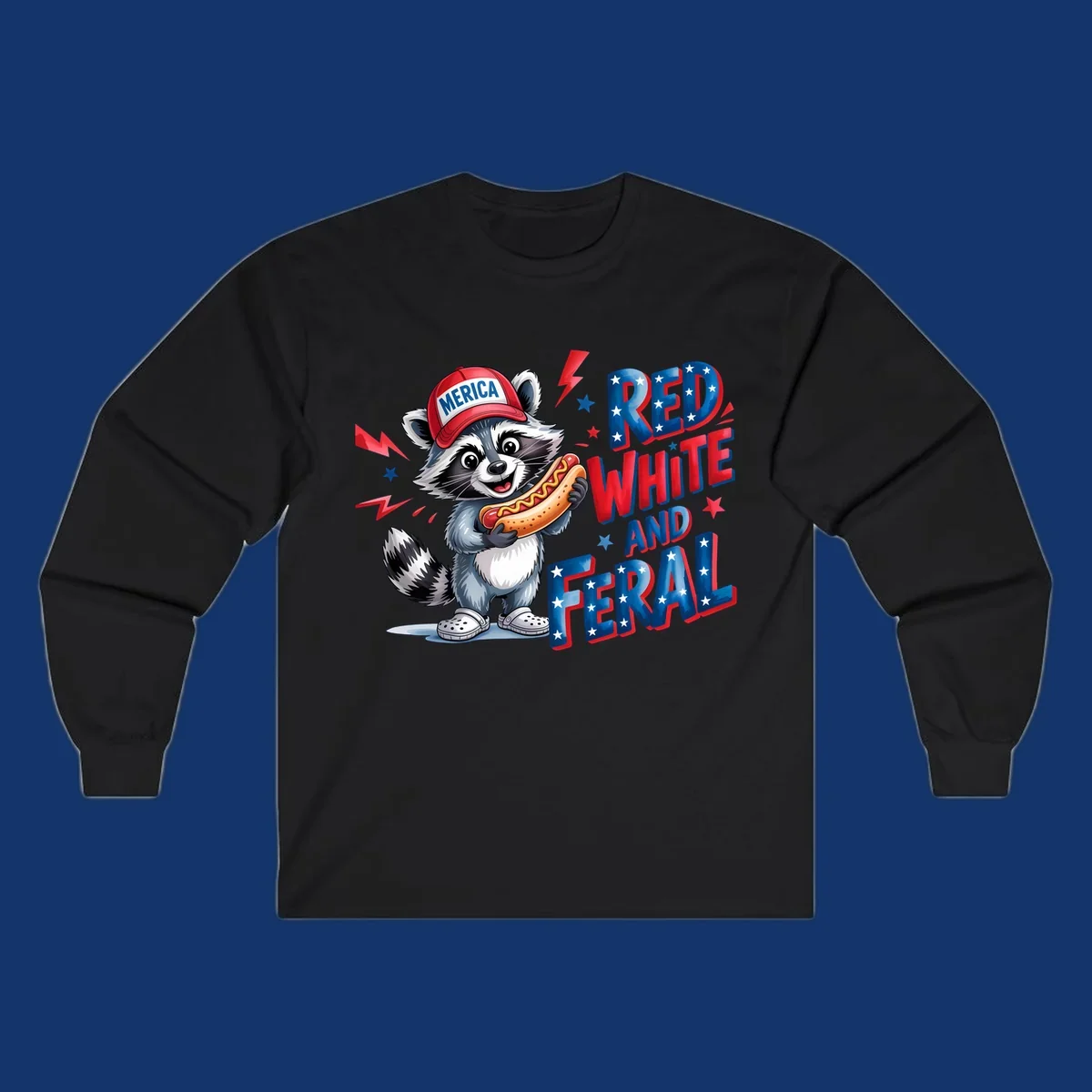 A cartoon raccoon wearing a 'MERICA' hat and holding a hot dog, next to text 'RED WHITE AND FERAL'. This is a raccoon-red-white-feral design.