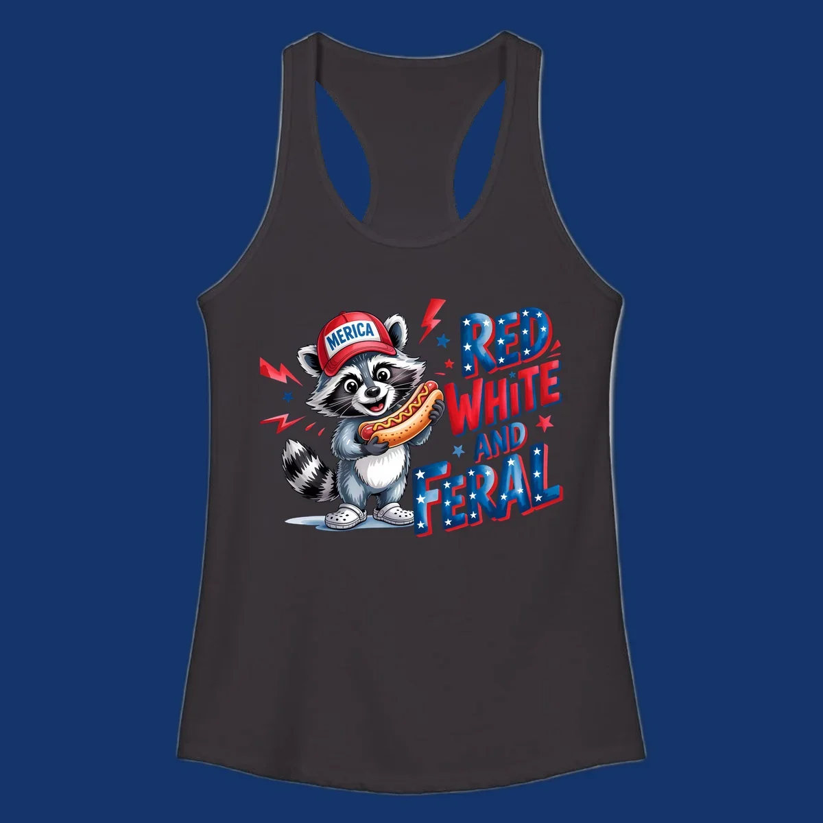 A cartoon raccoon wearing a 'MERICA' hat and holding a hot dog, next to text 'RED WHITE AND FERAL'. This is a raccoon-red-white-feral design.