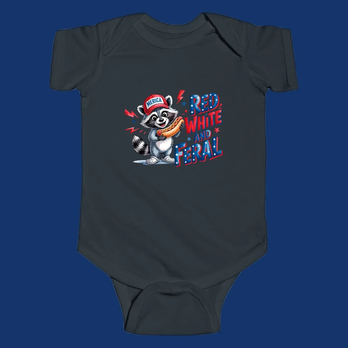 A cartoon raccoon wearing a 'MERICA' hat and holding a hot dog, next to text 'RED WHITE AND FERAL'. This is a raccoon-red-white-feral design.