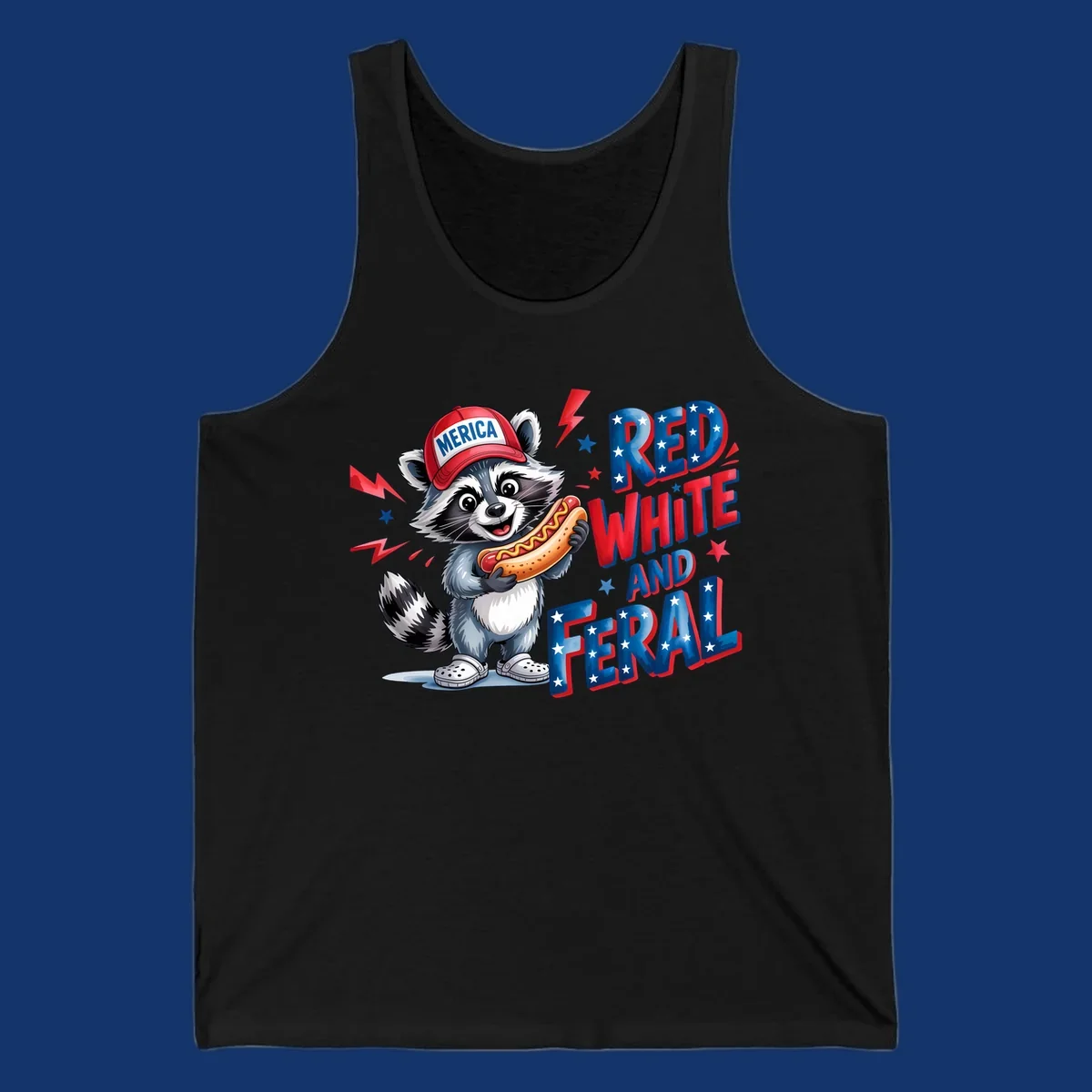 A cartoon raccoon wearing a 'MERICA' hat and holding a hot dog, next to text 'RED WHITE AND FERAL'. This is a raccoon-red-white-feral design.